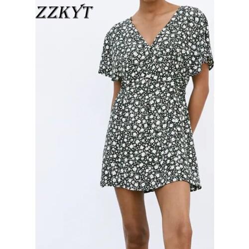 ZZKYT 2021 Women Summer Vintage Floral Print Mini Dress Fashion V-Neck Short Sleeve Single Breasted Party Female Dresses Mujer