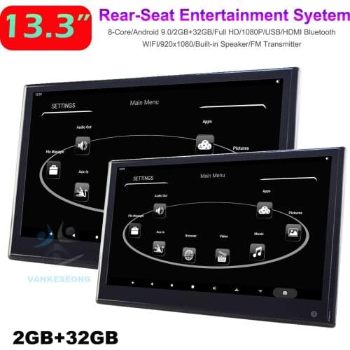 13.3" WIFI Car Headrest Monitor 4K Player Android 9 32GB IPS Screen BT USB HDMI