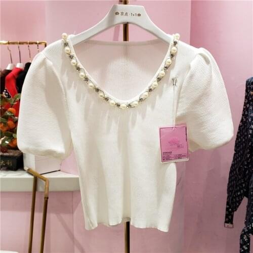 2021 New Rhinestone Chain Deep V Neck Slim-Fit Elastic Knitted Short Sleeve T-shirt for Women Short Top White Black