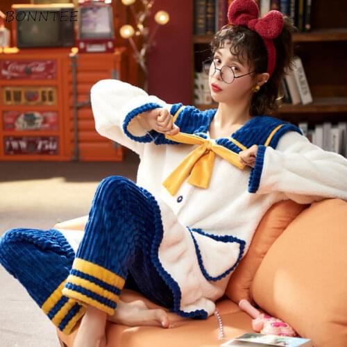 Pajama Sets Women Winter Thicker Patchwork Sweet Lovely Plus Velvet Ladies Sleepwear Loose Warm Comfortable Korean Style Trendy