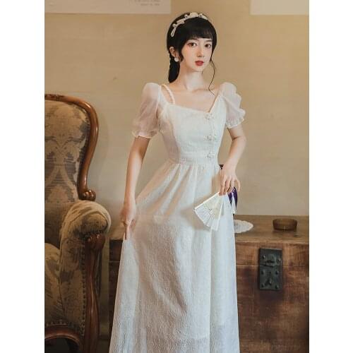 Dresses for women 2021 Retro French Improved Cheongsam Bubble Robe Femme Puff Sleeve Temperament Square Neck Dress Summer