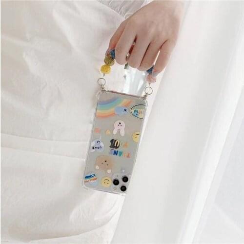 Shockproof Wrist Chain Clear Phone Case for iPhone 12 Pro Max 7 8 Plus XR X Cute Flower Crystal chain Hanging Case for iPhone 11