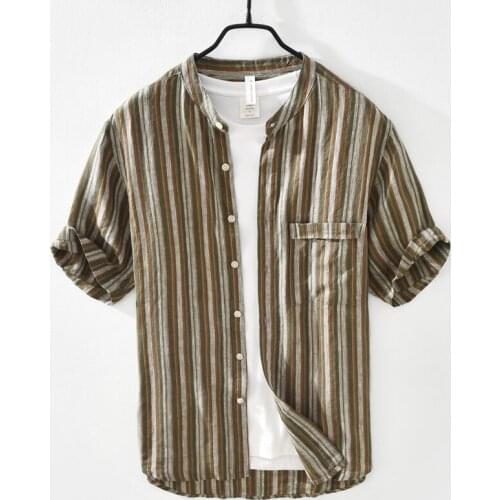 Pure Linen Short Sleeve Shirt for Men Summer New Japan Fashion Tops Male Breathable Vintage Striped Button Up Shirt