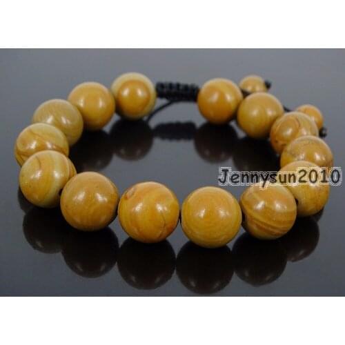 Handmade 12mm Adjustable Natural Wood Grain Ja-sper Gems Stone Round Beads Bracelet Healing Reiki 5 Strands/Pack