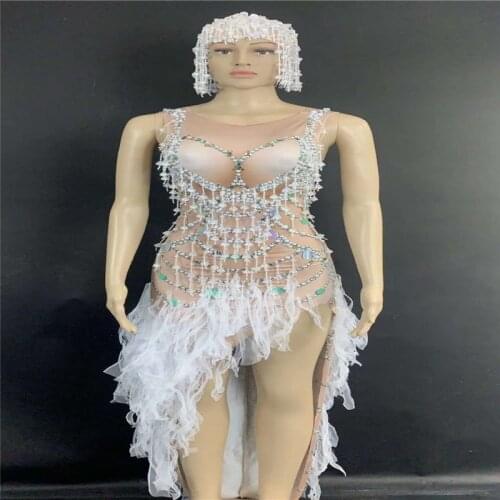 H79 Tight Backless Dancer See-Through Pearl Party Perspective Elastic Stretched Jumpsuit Drilling Chain Feathers Clothes Sexy Dj