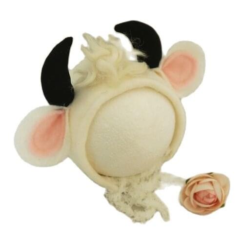 Wool Cow Bonnet Newborn Photography Props Handmade Baby Soft Animal Hat Photo Shoot