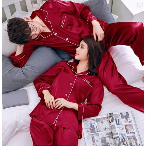 Silk Satin Couples Pajamas Set For Women Men Long Sleeve Sleepwear Pyjamas Suit Home Clothing His-and-hers Clothes Pijamas