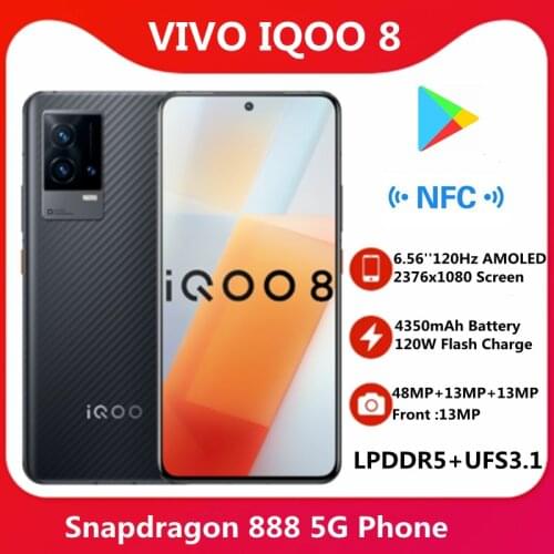 Original Vivo Iqoo 8 5G 6.56'' 120Hz AMOLED Screen Snapdragon 888 4350mAh 120W Flash Charge 48MP Camera NFC Smart Phone Google