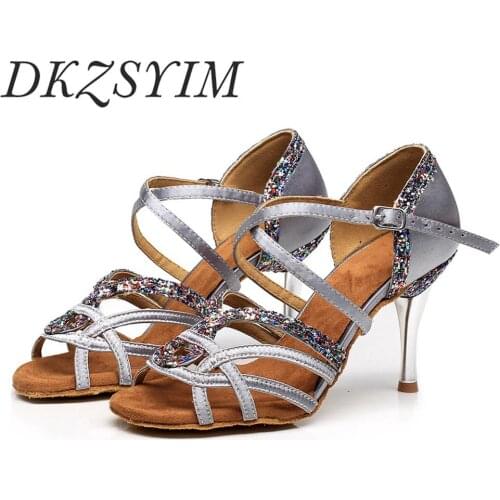 DSZSYIM Women Latin Dance Shoes Satin/Sequins Ladies Ballroom Salsa Girls Tango 5-10cm Heels Soft Sole Party Professional Indoor