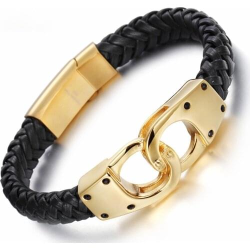 Italian Gold Color Handcuff Leather Bracelets For Men Fashion Stainless Steel 22CM Cheap Braided Leather Bracelets Jewelry