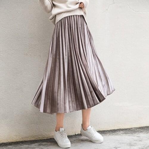 2021 Spring Autumn Women Midi Skirt Long Metallic Silver Maxi Pleated Skirt High Waist Elascity Casual Party Skirt