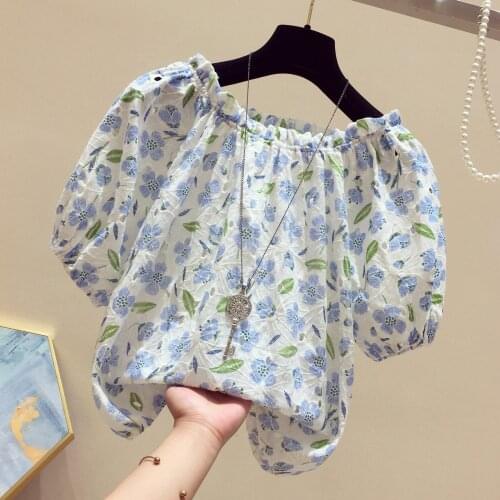 Slash Neck Floral Chiffon Women Blouse Summer New 2021 Lantern Sleeved Loose Sweet Style Elegant Office Lady Pulls Tops