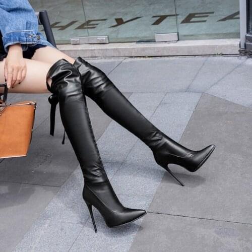 Flock Pu Pleated Women Thigh High Boots Stiletto Over The Knee Boots Pointed Toe High Heels Party Sexy Female Long Boots MAZIAO