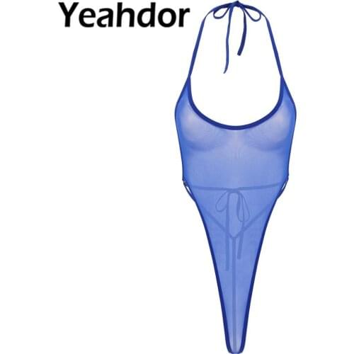 Womens Bodysuit Sexy Lingerie See Through Sheer Mesh One-piece Halter Neck Sleeveless Strappy Backless High-cut Thong Leotard