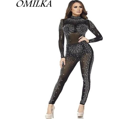 OMILKA 2018 Autumn Women Long Sleeve Diamond Mesh Bodycon Rompers and Jumpsuits Sexy Black Khaki See Through Club Party Overalls
