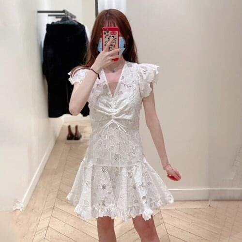 Women Summer Slim Lace Solid Color Elegant Mini Dress Female Brand Casual Hollow Out Dress Ladies High Version New Dresses ML182