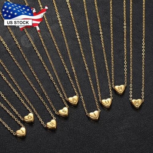 Womens Girls Heart Pendant Necklace Initial Letter A-Z Tiny Gold Color Stainless Steel Fashion Jewelry Gift for Her LKN653B