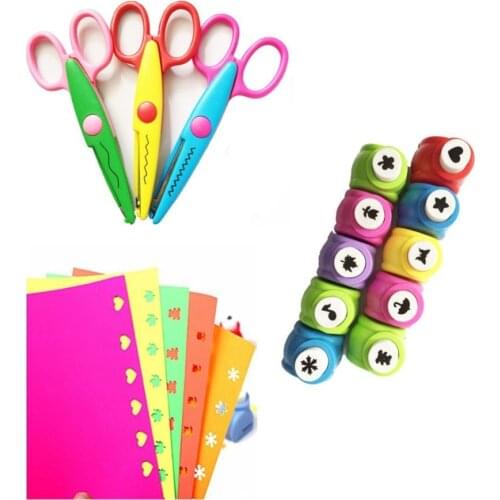 10PCS Craft Punch+3PCS Creative Scissors+50PCS Colorful Self Adhesive Paper for Card Scrapbooking Engraving Kid Cut DIY Handmade