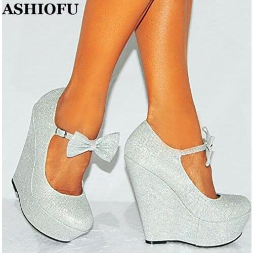 ASHIOFU Handmade Women Wadge Heel Pumps Butterfly Party Dress Shoes Mary Janes Sexy Evening Club Fashion Pumps Court Shoes