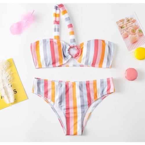 Mossha Bandeau ribbed bikini push up One shoulder swimwear Multicolor bikini 2020 Sexy womans swimsuit Female bathing suit NEW