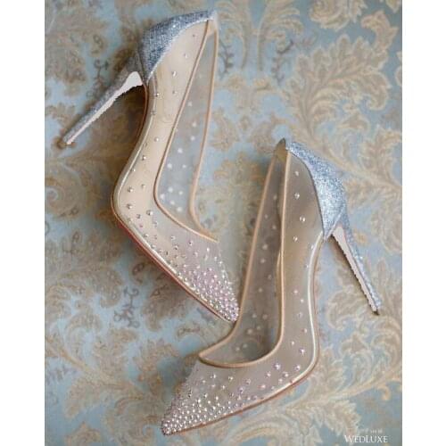 Carpaton Newest Crystal Embellished High Heel Shoes Pointed Toe Mesh Grid Party Wedding Heels Woman Thin Heels pumps 35-43