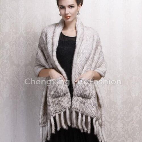 CX-B-M-08B Latest Hand Knitted Real Mink Fringed Scarf Shawl Stole With Pockets