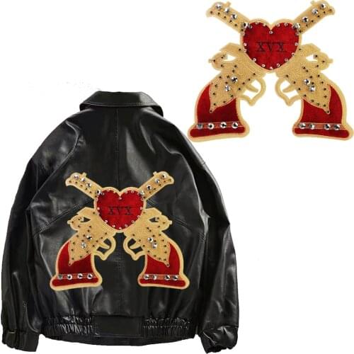 Double Gun Heart Vintage Embroidered Applique Beaded Crystal Patches Fashion Jacket Badges 5 pieces