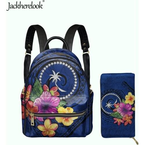 Jackherelook Chuuk Polynesian Plumeria Design Women PU Small Backpack Clutch Wallet 2pcs/Set Girls Mini Schoolbag Female Satchel