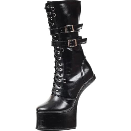 Jialuowei 18CM Super High Horse Heel Hoof Sole Platform Sexy Fetish Cross-tied Mid-Calf Boots