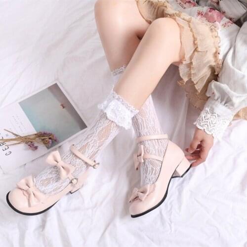 Kawaii Girl Tea Party Lolita Shoes Japanese Sweet Middle Heel Round Head Bowknot Princess Women Shoes Cosplay JK Uniform Shoes