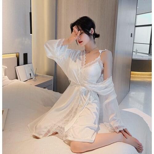 2PCS Pajamas Set Lace Patchwork Women Nighty&Robe Suit Intimate Lingerie Sexy Slip Dress Homewear womens Two Piece Sleep Setnew