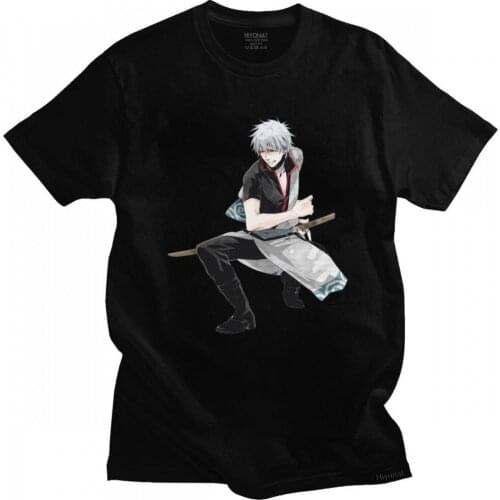 Handsome Mens Anime Gintama T-shirt Short Sleeves Round Neck Cotton Tshirt Graphic Samurai Manga Gintoki Sakata Tee Shirt Gift