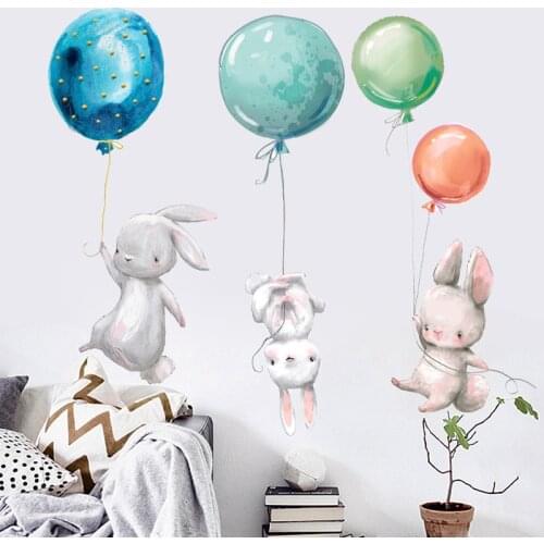 Colorful Balloon Rabbits Wall Stickers Decoration Grey Rabbits for Bedroom Kids Room Nursery Decorative Wall Decal Home Decor
