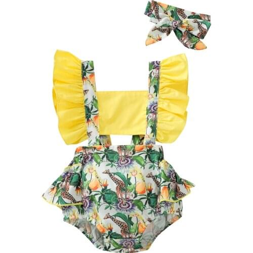Citgeett Summer Infant Baby Girls Casual Fly Sleeve Bodysuit Cartoon Anime Backless Ruffles Jumpsuits and Headband Clothes