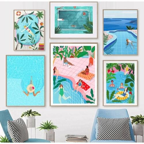 Summer Swimming Pool Party Wall Art Print Tropical Plant Travel Picture Spa Girl Canvas Painting Nodic Poster Living Room Decor