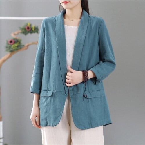 Literary Retro 2021 Spring New Cotton Linen Suit Jacket Long Sleeve Cardigan Womens Linen Short Top Thin Shirt Blazer y1462