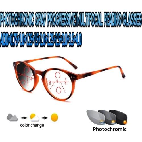 Photochromic Gray Progressive Multifocal Reading Glasses for Men Women Ultralight Round +1.0 +1.5 +1.75 +2.0 +2.5 +3 +3.5 +4