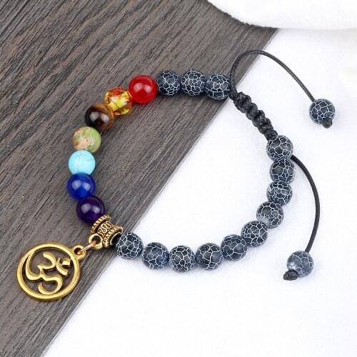 Natural Healing Aum Pendant 7 Chakra Bracelet Handmade 8MM Weathered Stone Bangles Women Purple Pulsera Adjustable Yoga Gift New