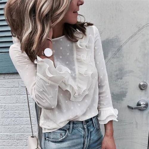 2020 Autumn Women Loose Blouse Casual Ruffle Frill Long Sleeve Shirt See Through High Street Tops Kimono Femme Blouses