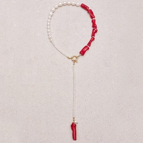 Gift chunky long lariat women jewelry 2021 bijoux MONTELLA NECKLACE Baroque pearl red coral necklace Detachable drop pendant