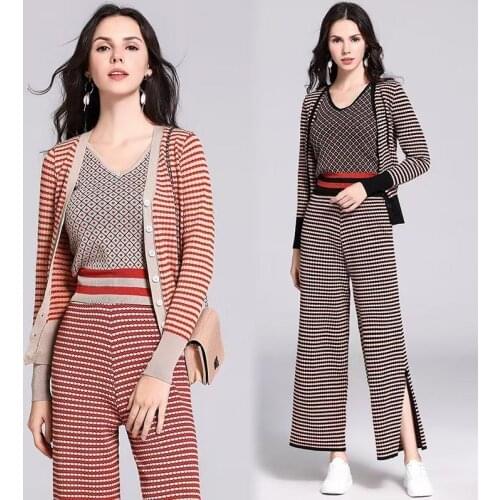 Spring Autumn New Sweater Suit Womens Fashion Knitted Vest + Long Sleeve Sweater Coat + Wide leg Pants 3 Piece set Female
