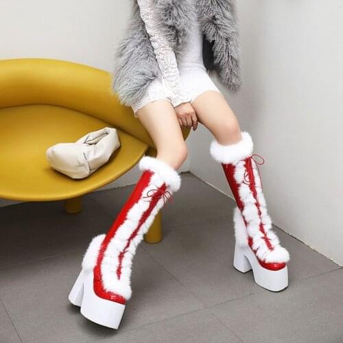 OLOMLB Women Real Rabbit Fur Furry Platform Knee Snow Thigh Boots Block Chunky High 15CM Heel Shoes Lolita White Plus Size 34-43