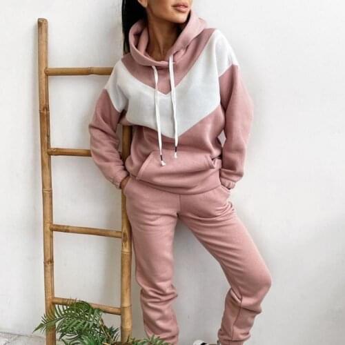 1 Set Women Hoodie Pants Set Sports Suit 2021 Hooded Drawstring Women Contrast Color Sweatshirt Pockets Pants for Sports