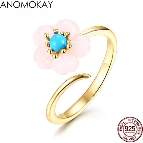 Anomokay Romantic Pink Cheey Flower Gold Rings for Women Mom Lover Gift 100% 925 Sterling Silver Green Crystal Open Ring Jewelry