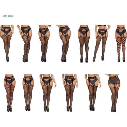 Women Sexy Fishnet Lingerie High Waist Suspender Pantyhose Hollow Out Patterned Sheer Tights Garter Thigh High Stockings