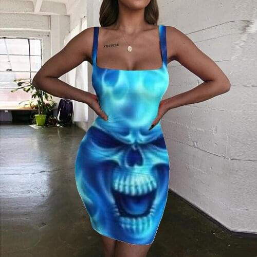 Giyu Brand Skull Dress Women Punk 3d Print Blue Vestido Sexy Flame Halter Sleeveless Womens Clothing Club Vintage Beach Fashion