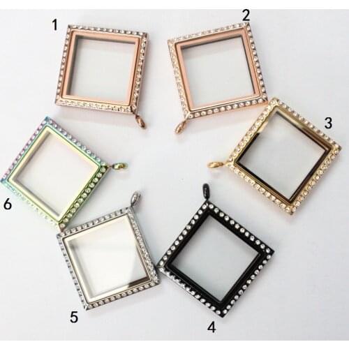 10pcs Square Floating Locket With Rhinestones Stainless Steel Living Memory Floating Locket Pendant For Necklace Bangle&Bracelet