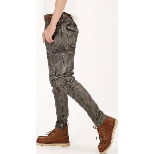 2020 Vintage Grey Men American Casual Style Motorcycle Leather Trousers Plus Size 4XL Genuine Thick Cowhide Pants FREE SHIPPING