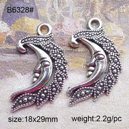 25pcs Vintage Antique Silver Plated Moon Face Charms Pendants for Jewelry Making DIY Handmade 29x18mm