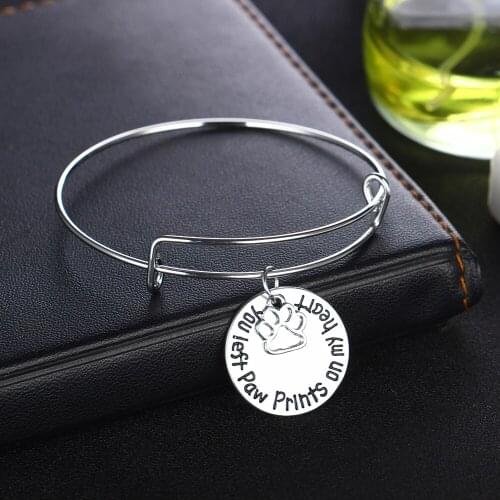 Memory Bracelet Dog Cat Pet Loss Bangle "You Left Paw Print On My Heart" Jewelry Silver Plated Wire Dog Paw Pendant Expandable